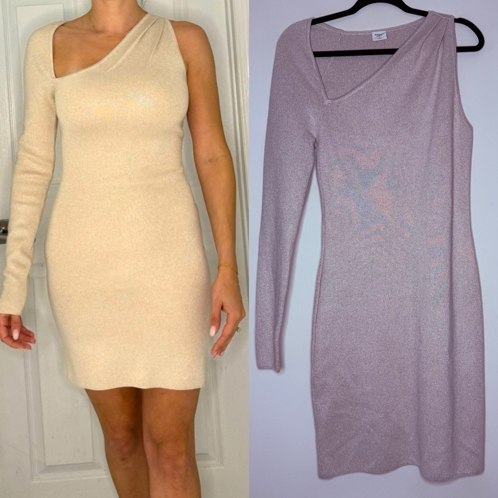 NWT ABERCROMBIE + FITCH Metallic Knit One Shoulder Longsleeve Bodycon Dress
